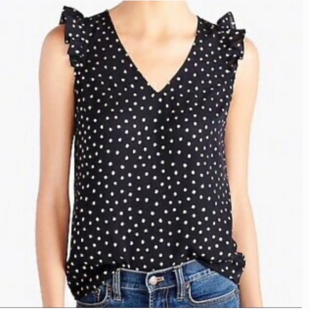 J. Crew Factory Sleeveless Black and Gold Polka Dot Ruffle Blouse, 12